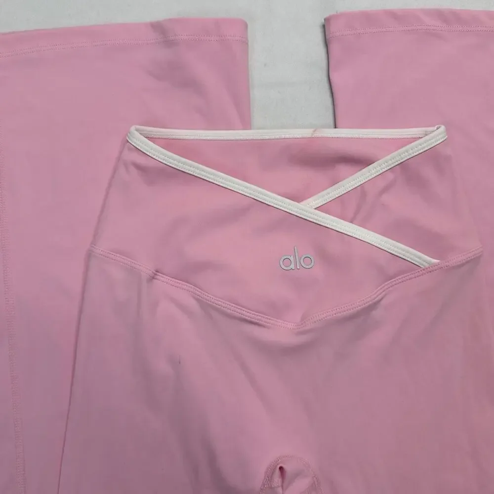 Alo Yoga pink flare leggings with white waistband size small gym low rise